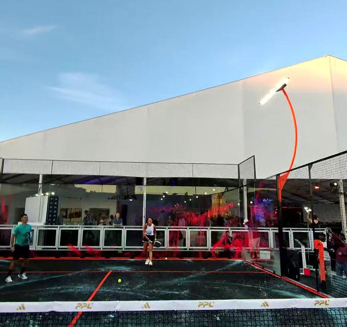 A professional padel match under the lights in Miami